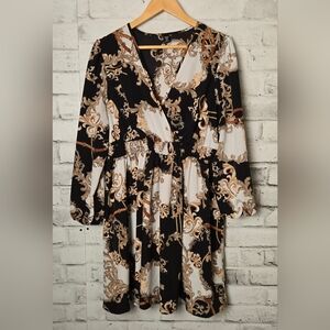 SHEIN Curve Baroque Print Smocked Waist Dress Black Gold 1XL